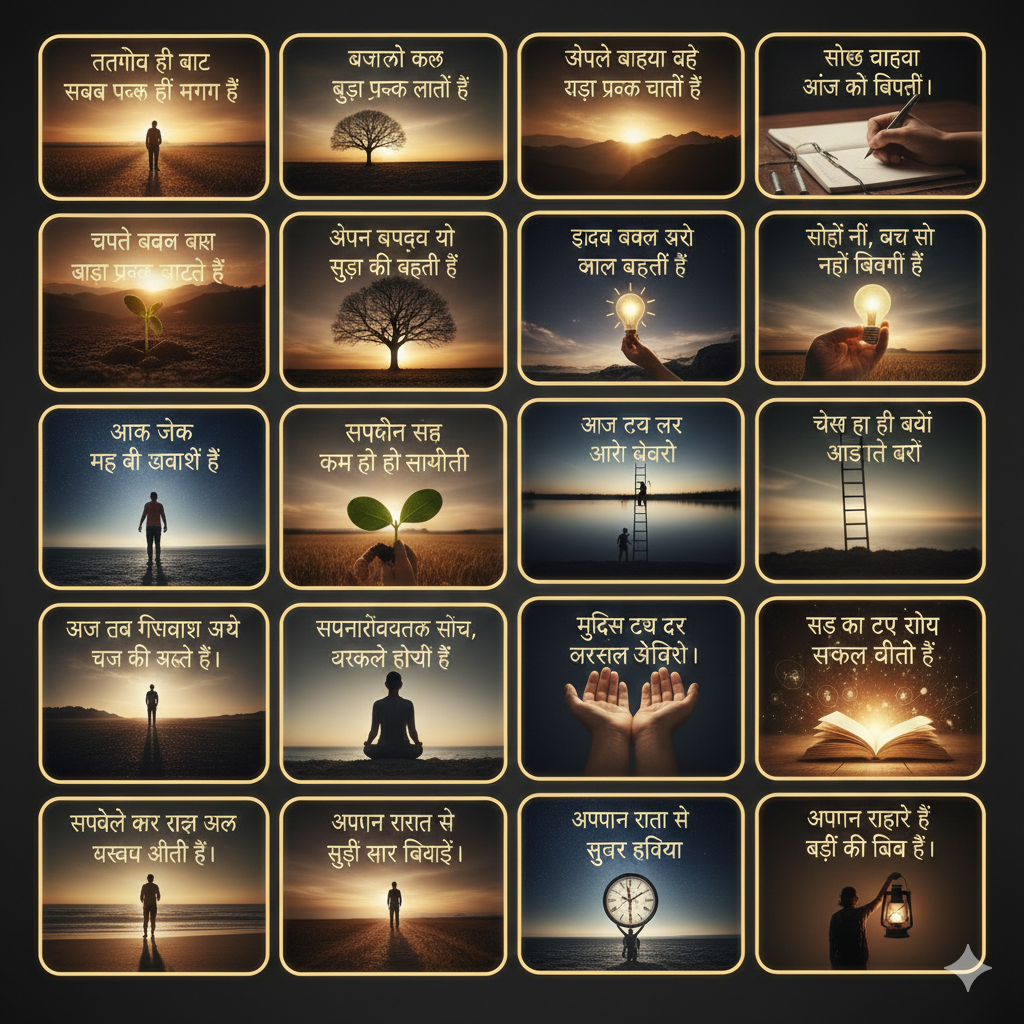 "एक ब्लैक बैकग्राउंड पर 20 सुनहरे बॉर्डर वाले बॉक्सेस का ग्रिड, जिनमें से प्रत्येक में प्रेरणादायक चित्र (जैसे उगता सूरज, हाथ में जलता बल्ब, ध्यान लगाता व्यक्ति और खुली किताब) और हिंदी जैसे दिखने वाले सुविचार लिखे हैं।"