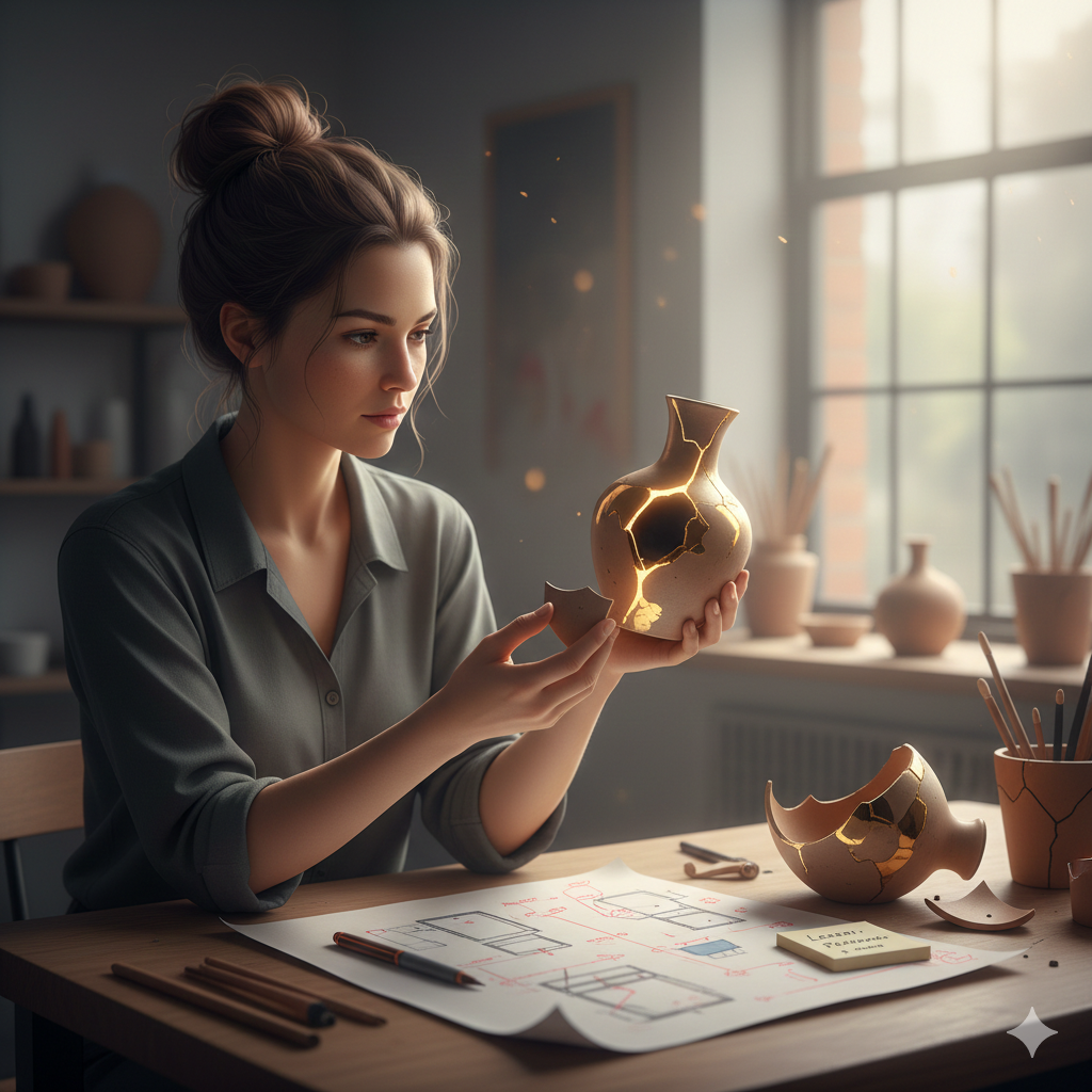 "एक कलाकार की तस्वीर जो टूटे हुए बर्तन को सोने से जोड़ रही है। यह इस बात का प्रतीक है कि हमारी गलतियाँ और कमियाँ ही हमें और भी खूबसूरत और कीमती बनाती हैं।"