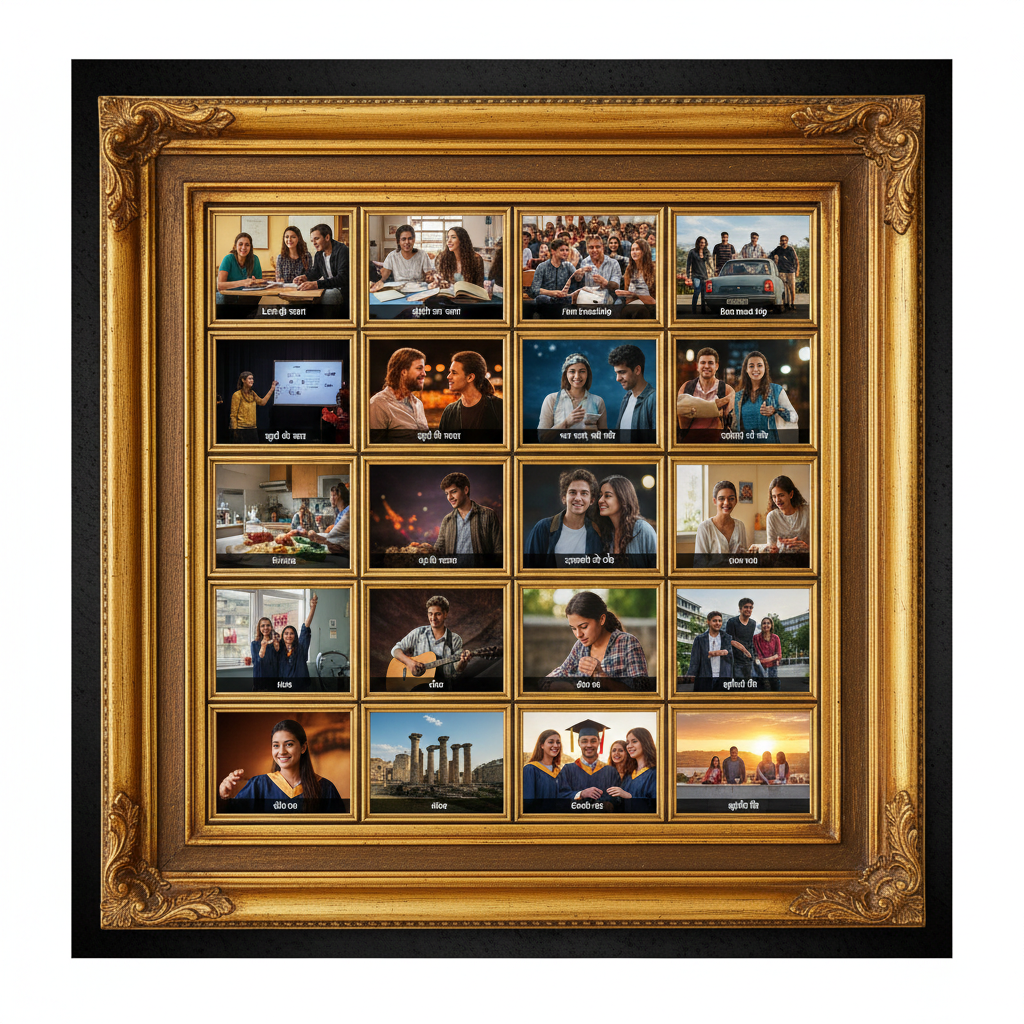 "एक भव्य सुनहरे फ्रेम के भीतर 20 छोटी तस्वीरों का कोलाज, जो कॉलेज जीवन के यादगार पलों को दर्शाता है। इसमें दोस्तों के साथ पढ़ाई, ग्रुप ट्रिप्स, कैंटीन की मस्ती, देर रात तक गिटार बजाना और अंत में ग्रेजुएशन की टोपी पहने मुस्कुराते हुए छात्रों के दृश्य शामिल हैं।"